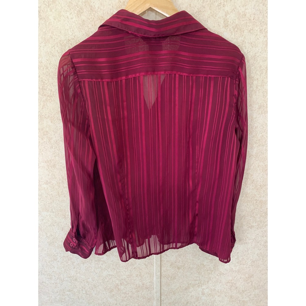 George ME Mark Eisen Dark Raspberry Striped Ruffle Sheer Blouse Size Large - Picture 7 of 14